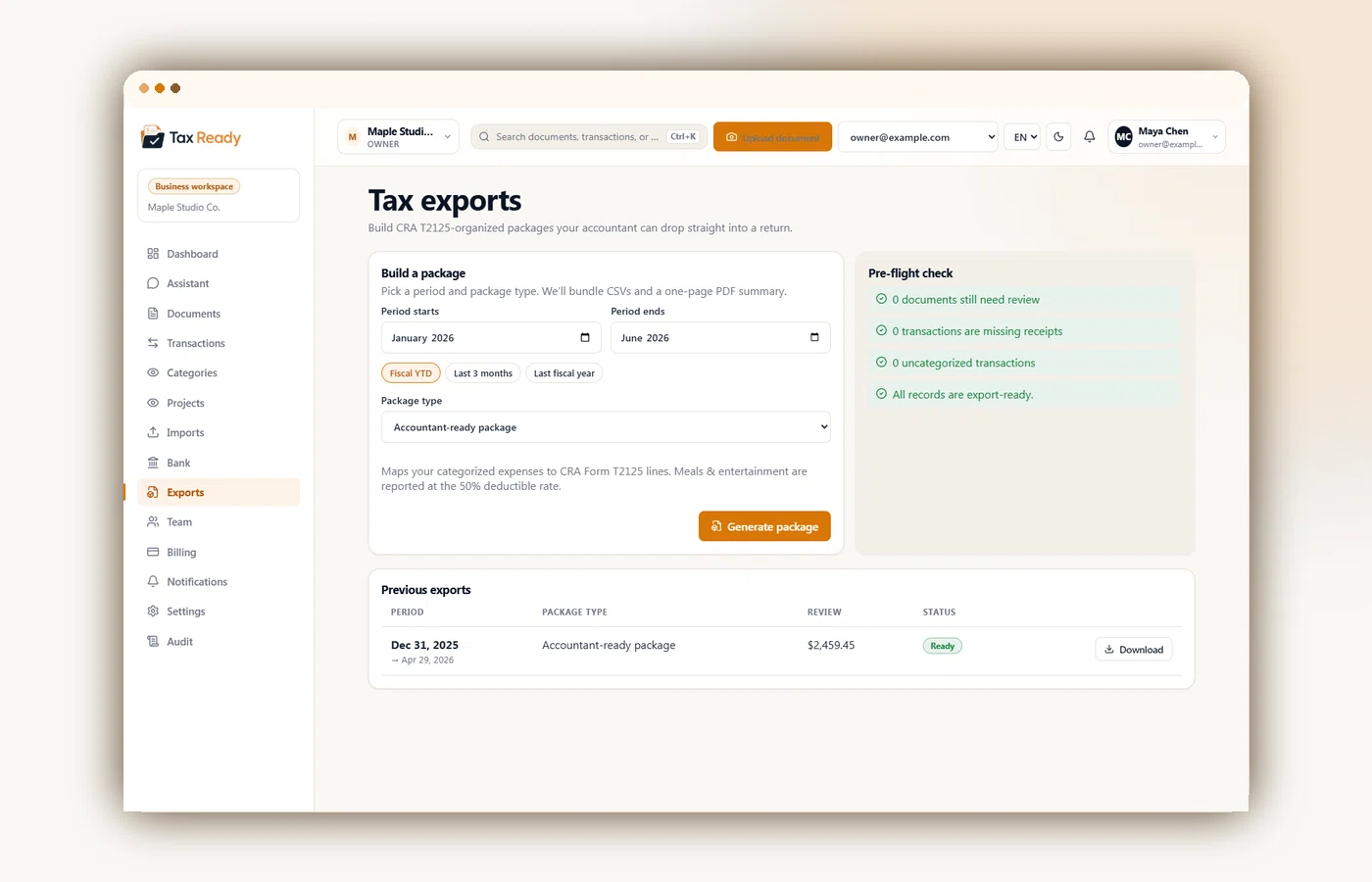 Générateur d’export fiscal produisant un dossier comptable T2125 pour l’ARC